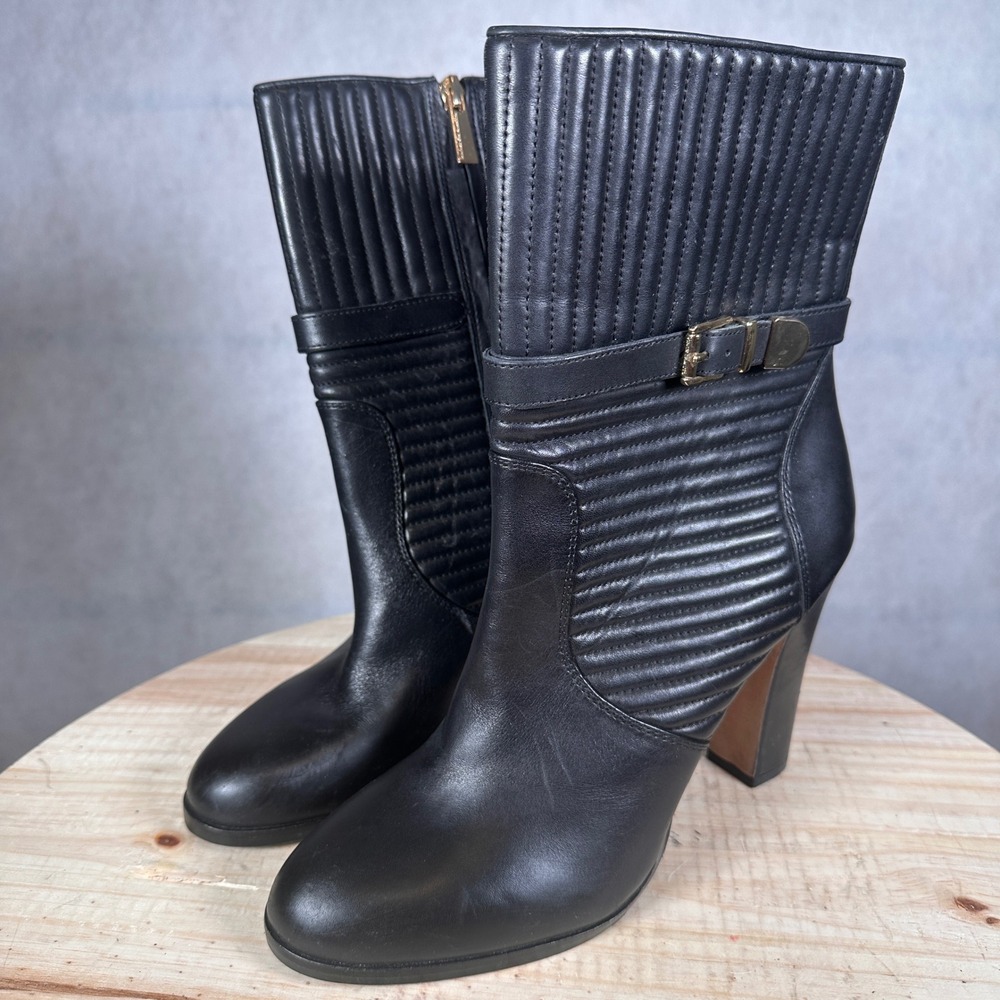 Vince Camuto Mid Calf Boots Womens 9.5 Black Leather Quilted Block Heel Good